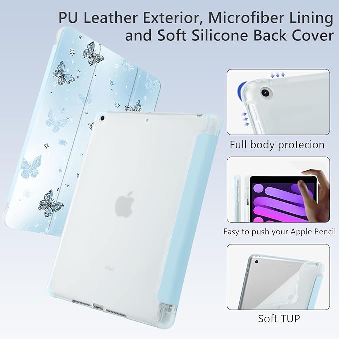 Cute Y2K Butterfly for iPad Pro 11 Inch Case (M5/M4) 2025/2024 with Pencil Holder Auto Sleep/Wake Blue Leather Soft TPU Back Cover