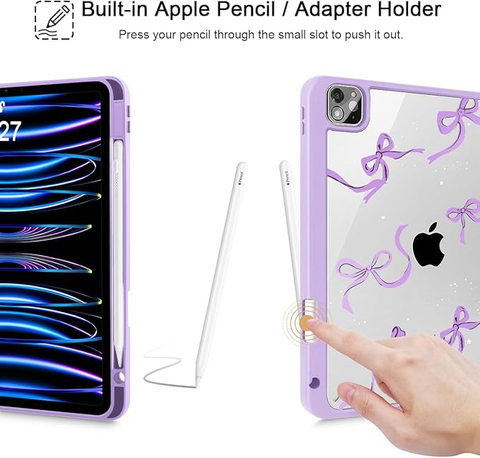 May Chen for iPad Pro 11 inch M2 4th Generation 2022 iPad Pro 11 3rd/2nd/1st Gen Case with Transparent Shockproof Back Cover [Built-in Pencil Holder Auto Sleep/Wake Bows Purple