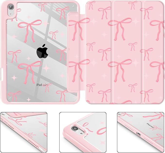 May Chen Slim Case for iPad mini 7 (A17 Pro 7th Generation) 2024 / iPad mini 6 (6th Gen) 8.3 Inch [Built-in Pencil Holder] Shockproof Cover Clear Clear Back Shell Auto Wake/Sleep Pink Bows P721