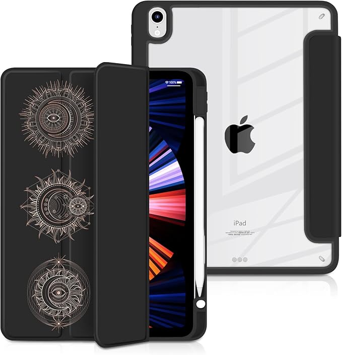 Batianda Hybrid Case for iPad Air 2022 (5th Generation M1 Chip) / iPad Air 4th 2020 10.9 inch [Built-in Pencil Holder] Shockproof Cover with Clear Back Shell TPU BumperSacred Symbols