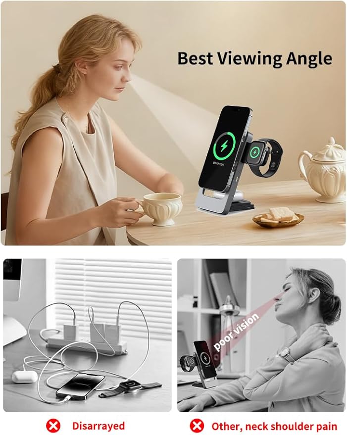 3-in-1 Foldable Wireless Charging Station for iPhone Apple Watch AirPods Aluminum Alloy Frame 15W Fast Charging 0-180 Adjustable Stand Qi Magnetic Wireless Charger (Gray)