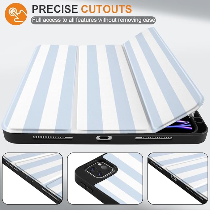 DONGKE Case for iPad Pro 12.9 inch 6th Generation 2022 Built-in Pencil Holder + Trifold Stand + Auto Wake/Sleep + Protective Cover for iPad Pro 12.9 5th/4th/3rd Gen- Blue Stripes
