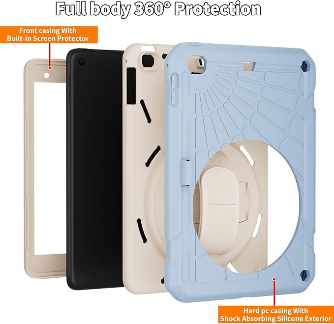 Case for iPad mini 5/4 with Screen Protector Pencil Holder [360 Rotating Hand Strap] &amp Stand Drop-Proof Case for iPad mini 5th/4th Generation 7.9 inch(Ice Blue)