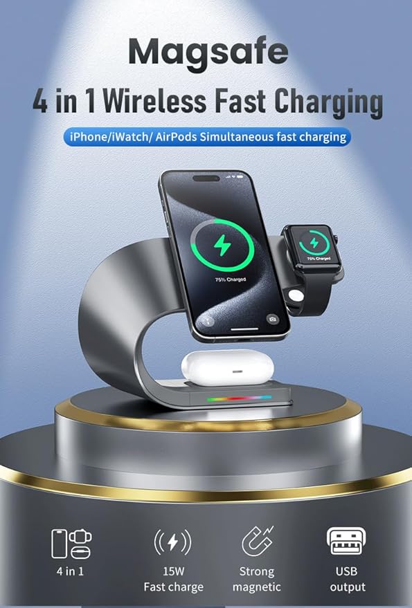 Qi2 Wireless Charger 3 in 1 Fast Charging Station for iPhone 15/14/13/12 Apple Watch AirPods 15W Magnetic Foldable Charging Dock Portable Wireless Charger Stand for Home Office Travel