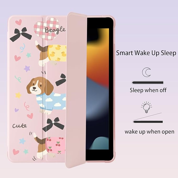 Cue Kawaii Beagle Dog Puppy for iPad Pro 12.9 Inch Case 5th/6th Generation 2022/2021/2020 with Pencil Holder Auto Sleep/Wake Pink Leather Soft TPU Back Cover