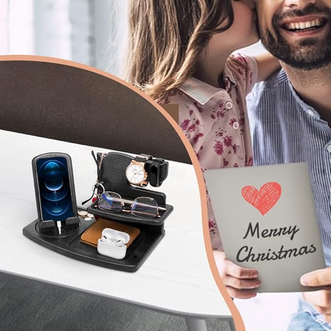 Gifts for Men Fathers Day Wood Phone Docking Station for Dad Desk or Nightstand Organizer Mens Gifts for Husband Birthday Gifts for MenGifts for Fathers Day Key Holder Wallet Watch &amp Essent