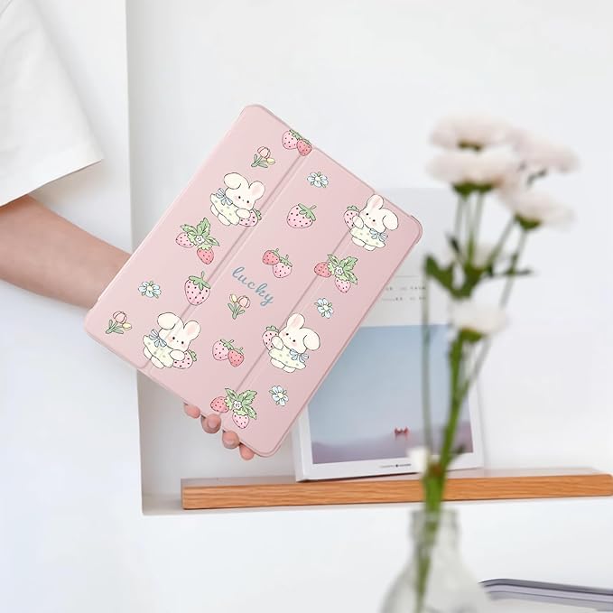 Cute Kawaii Bunny Strawberry for iPad Pro 11 Inch Case 4th/3rd/2nd Generation 2022/2021/2020 with Pencil Holder Auto Sleep/Wake Pink Leather Soft TPU Back Cover