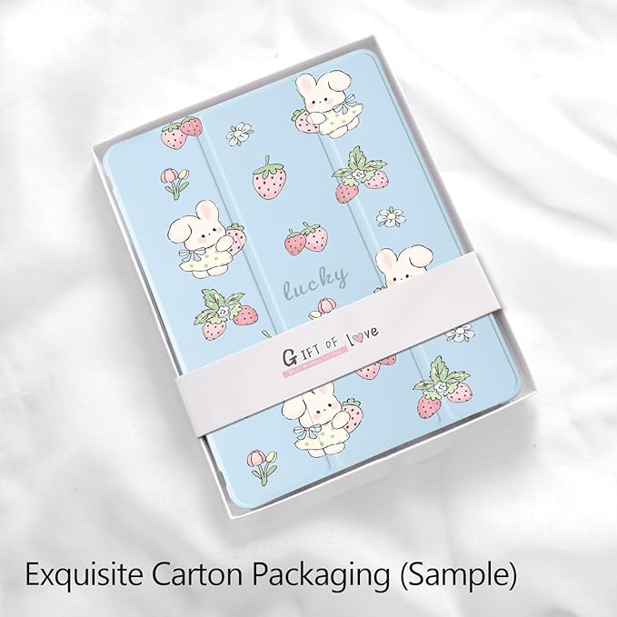 Cute Kawaii Bunny Strawberry for iPad Air5/Air4 Case with Pencil Holder Auto Sleep/Wake Blue Leather Soft TPU Back Cover for iPad 10.9 Inch 2022/2020