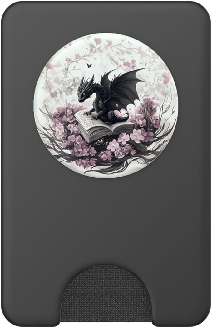 Ethereal Dragon on Book with Pink Flowers Dark Fantasy Art PopSockets PopWallet for MagSafe