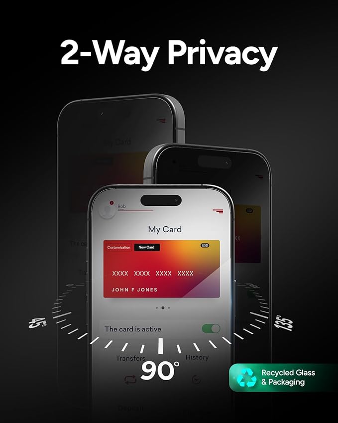 ZAGG Glass Elite Privacy Screen Protector for iPhone 16/15-2-Way Privacy Filter Ultra-Strong Tempered Glass 5X Stronger InvisibleShield Smudge-Free Easy Install Recycled Content