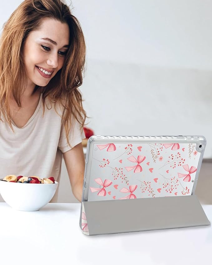 Fycyko Trifold Stand Case for iPad 10.2 InchiPad 9th/8th/7th Generation 2021/2020/2019 Aesthetic Pink Bowknot Flower Pattern with Pencil Holder Shockproof Protective CoverBlossom