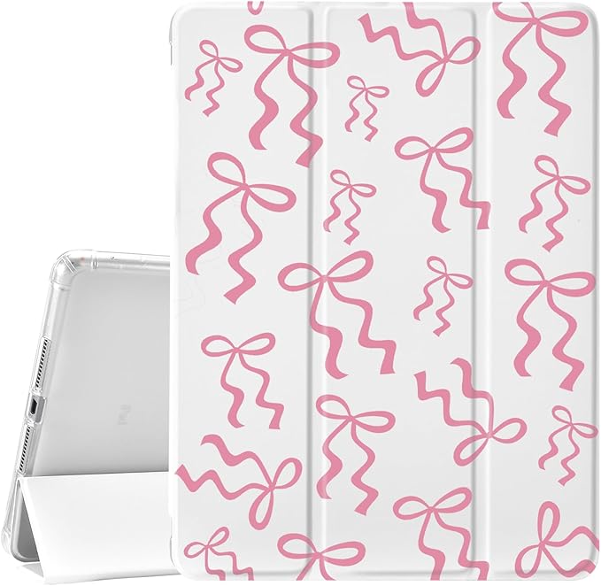 JOYLAND White Pad Case for iPad Air 4/Air 5 Gen 10.9(2020/2022)with Pencil Holder-Auto Wake/SleepCurved Pink Bow Pattern Anti-Scratch Shockproof Premium Folio Stand Case for iPad Air 11''(2024)