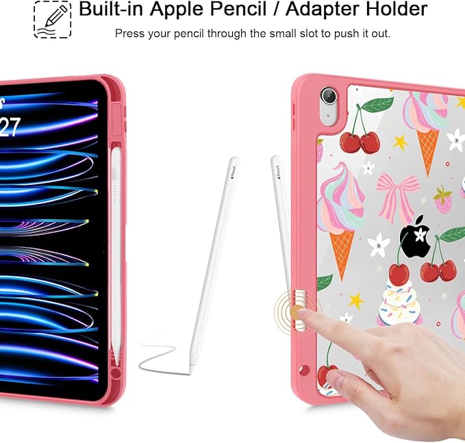 Case for iPad 11 inch A16 2025 Generation 11th / iPad 10.9 inch 2022 10th Gen Buit in Pencil Holder with Shockproof Cover Clear Transparent Back Shell Auto Wake/Sleep Ice Cream-Bows-Red