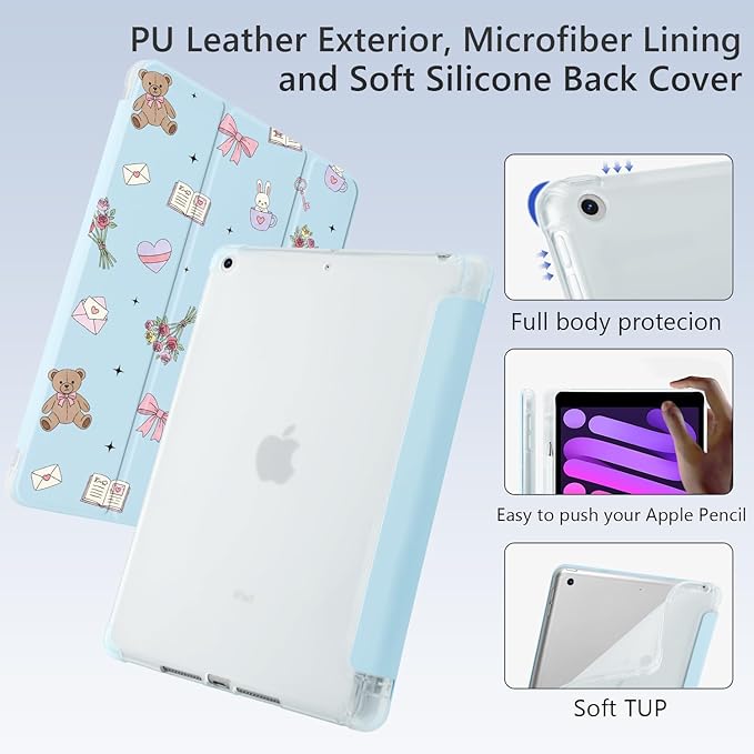 Cute Kawaii Bear Bunny Bow for iPad Pro 11 Inch Case 4th/3rd/2nd Generation 2022/2021/2020 with Pencil Holder Auto Sleep/Wake Blue Leather Soft TPU Back Cover