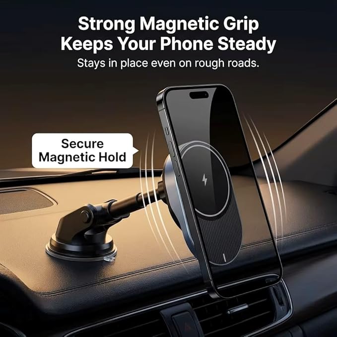 IJS Magnetic Wireless Car Charger with Built-in Retractable Cable – Extendable Windshield &amp Dashboard Phone Mount – 15W Magsafe Compatible – Fast Charging for iPhone 17/16/15/14/13/12 Samsung Pi