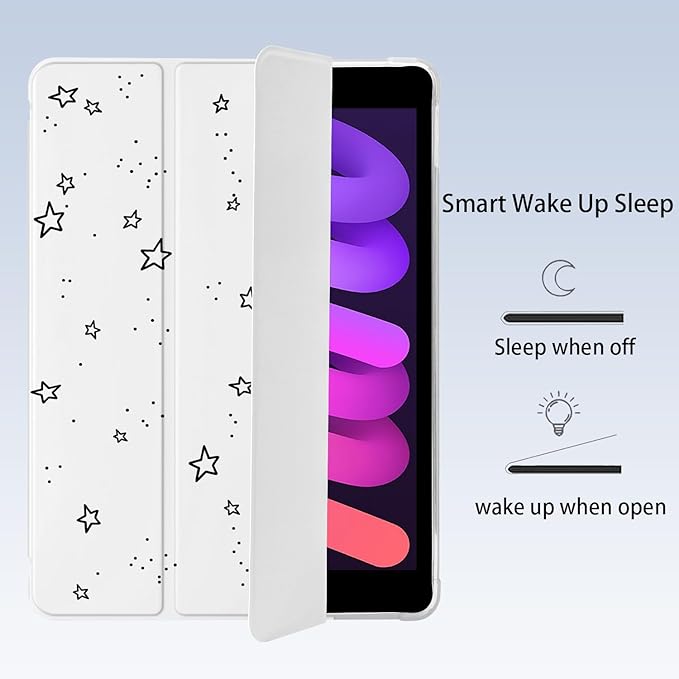 Cute Y2K Star for iPad mini 7 A17 Pro 2024/iPad Mini 6 Case with Pencil Holder Auto Sleep/Wake White Leather Soft TPU Back Cover