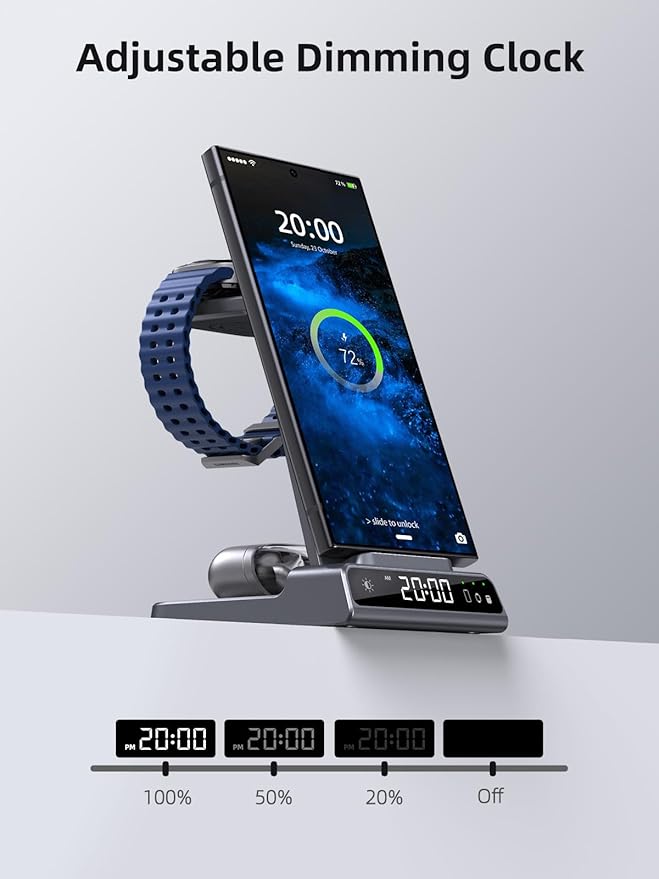 Wireless Charger Samsung Charging Station: 3 in 1 Android Charging Stand with Dimmable Clock - Nightstand Organizer for Galaxy S25 Ultra S24 Galaxy Watch 8 7 6 5 4 Galaxy Buds Space-Saving Charger