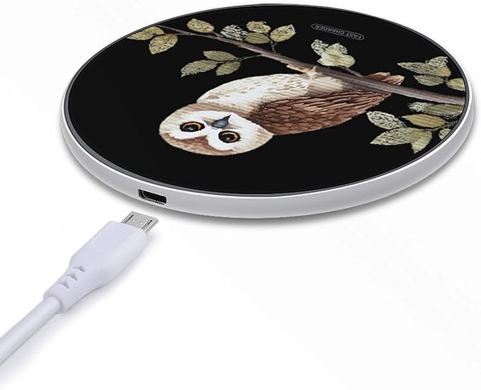 Owl Sitting on Tree Branch Fast Portable Charger 10W Funny Graphic Phone Charging Pad with USB Cable