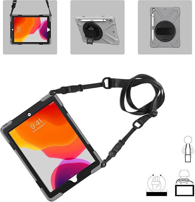 ProCase Rugged Case for iPad 9th/ 8th/ 7th Generation 10.2 (2021/2020/2019) Heavy Duty Shockproof Protective Cover with Strap for iPad 9/8/7 -Grey