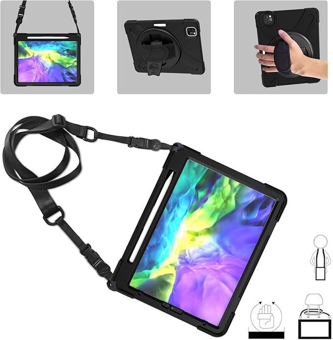 ProCase iPad Pro 11 inch Case 2021 2020 2018 with Apple Pencil Holder Rugged Heavy Duty 360 Rotating Kickstand Protective Cover with Shoulder Strap for iPad Pro 11” 3rd Gen / 2nd Gen / 1st Gen –Black