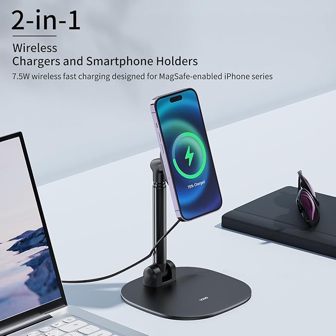 VRIG Magnetic Desk Phone Stand for Office/Home 360°Rotation Wireless Charger Phone Holder with Magnetic Ring Height&ampTilt Adjustable Cell Phone Stand for iPhone 16 15 14 13 12 and More/Android