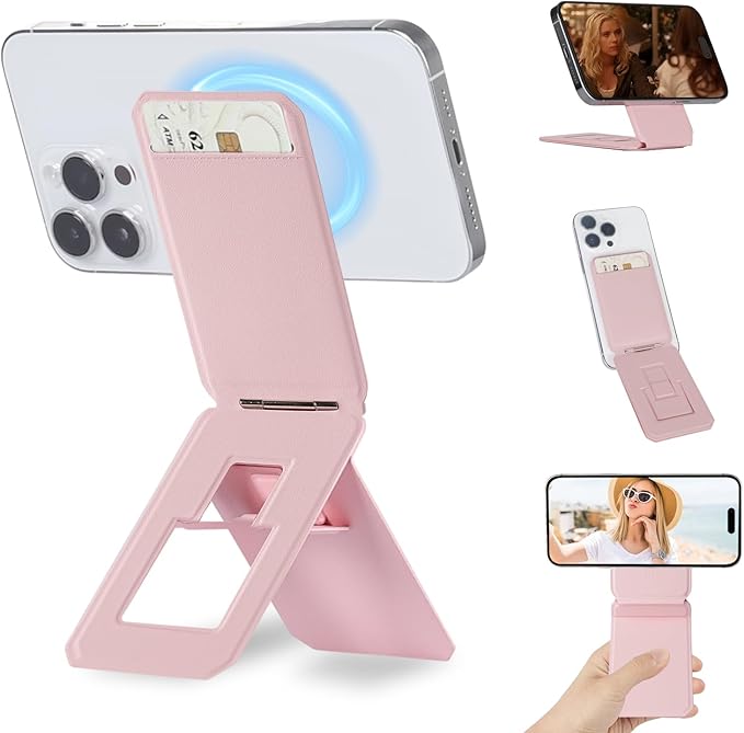 iontech Tripod Phone Wallet Compatible with MagSafe iPhone 17/16/15/14/13/12 Series 3 in 1 Strong Magnetic Phone Holder PU Leather Wallet Lightweight &amp Adjustable Cell Phone Stand (Pink)