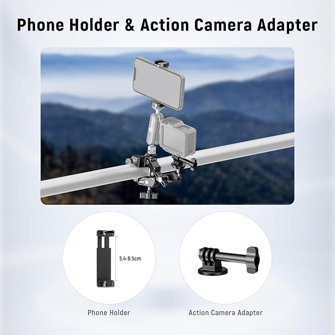 NEEWER Super Clamp with 3 Dual Ballhead Magic Arm Camera Phone Clamp Mount with 1/4 3/8 Threads Cold Shoe Phone Holder Action Camera Adapter Compatible with GoPro DJI iPhone 16 15 Pro Max ST88