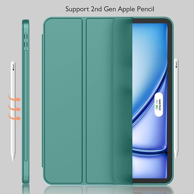 iMieet iPad Air 11 Inch Case M4/M3/M2(2026/2025/2024) iPad Air 5th/4th Generation Case 2022/2020 10.9 Inch with Pencil HolderTrifold Stand Smart Case with Soft TPU Back(Forest Green)