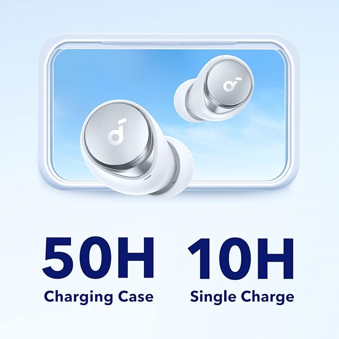 Soundcore by Anker Space A40 Auto-Adjustable Active Noise Cancelling Wireless Earbuds Reduce Noise by Up to 98% 50H Playtime Comfortable Fit App Customization Wireless Charge (White)