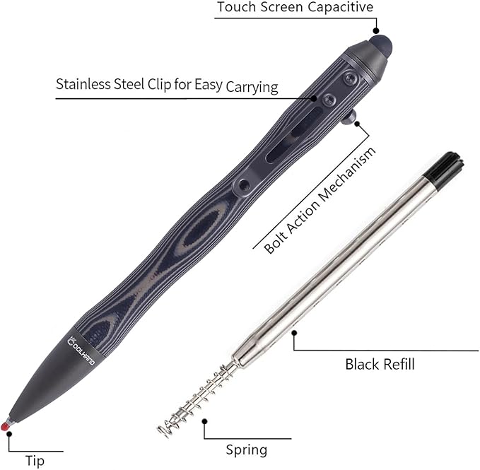 Cool Hand 5.7'' Bolt Action Pens EDC Ballpoint Ink Refillable Stylus for Touch Screen G10 Body w/Pocket Clip Ergonomic Grip with a Free Refill 5375-B