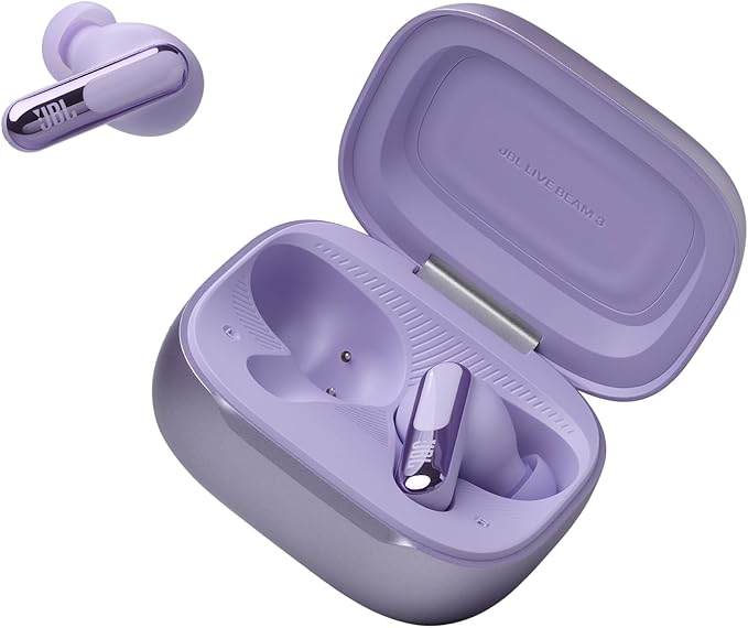 JBL Live Beam 3 - True wireless noise-cancelling stick-closed earbuds 48Hrs total playback Wireless Charging 6 Mics for perfect calls Multi-point connection IP55 waterproof and dustproof (Purple)