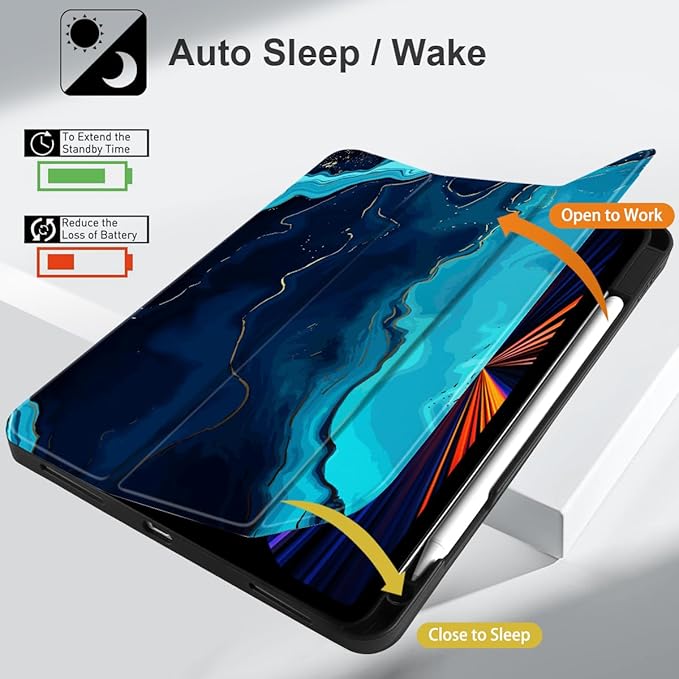 DONGKE Case for 2022/2021/2020/2018 iPad Pro 11 inch Gen 4/3/2/1 - Slim Protective Case - Built in Pencil Holder Support Charging - Trifold Stand &amp Sleep/Wake Cover - Blue Marble