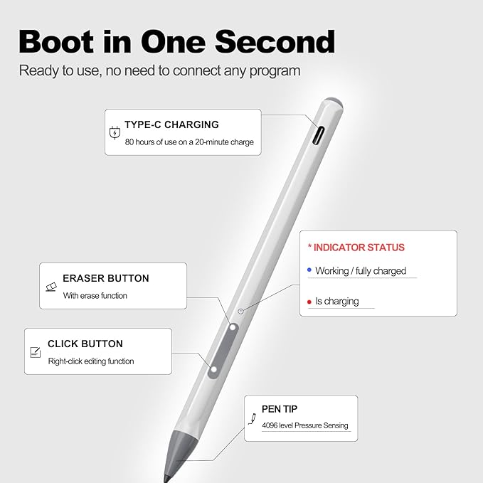 Stylus Pen for HP Envy X360 Pavilion X360 Specter X360 MPP 2.0 Tilt-Active Stylus with 4096 Levels of Pressure Sensitivity Convenient Storage Case Supports Type-C Fast Charging Silver