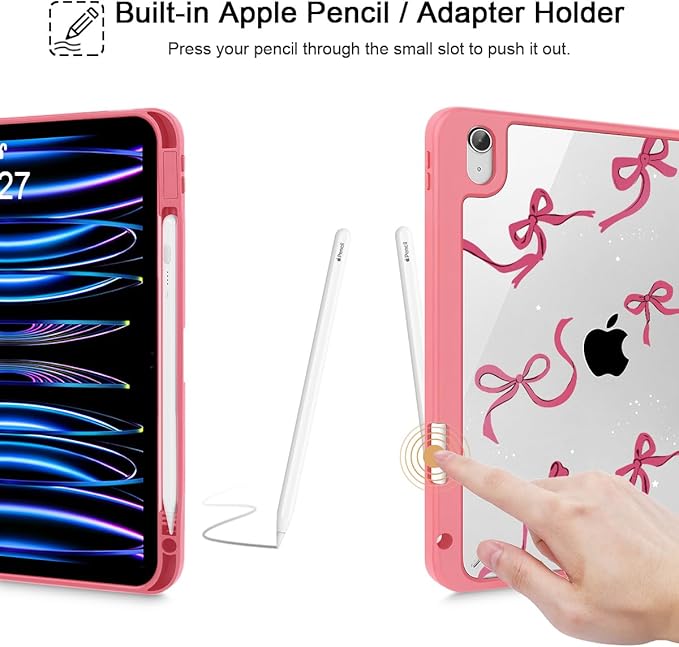 May Chen for iPad Air 11-inch M4/M3/M2 (2026/2025/2024) iPad Air 5th/4th 10.9 Inch - Shockproof Cover with Clear Back Shell &amp Penceil Holder Auto Wake/Sleep Stand Cover Watermelon red Bow