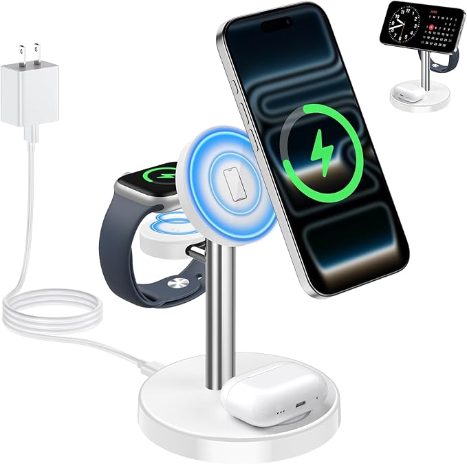 2026 3 in 1 Wireless Charging Station Compatible with MagSafe 15W Fast Magnetic Mag-Safe Charger Stand for Apple iPhone 17 16 15 14 13 12 Series iWatch AirPods Pro 4 3 2 SilverWhite