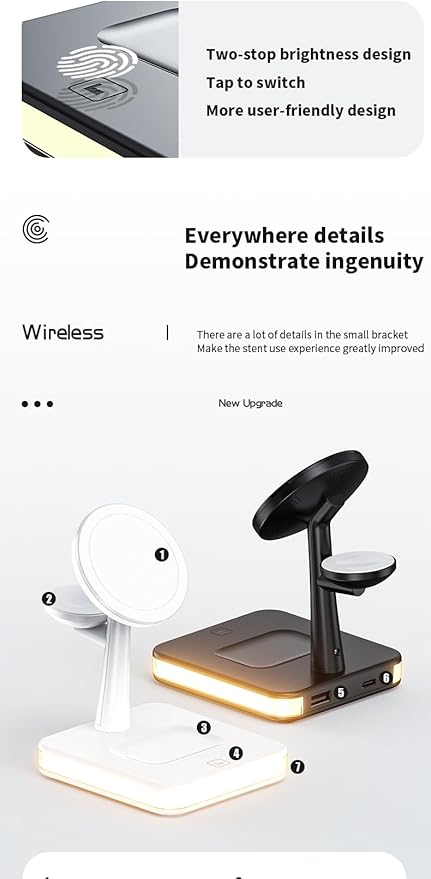 Magnetic Desk Wireless Charger Hub 3-in-1 – 15W Fast Wireless Charging Station with Night Light Compatible with Latest iPhone AirPods Apple Watch for Home &amp Office (White)