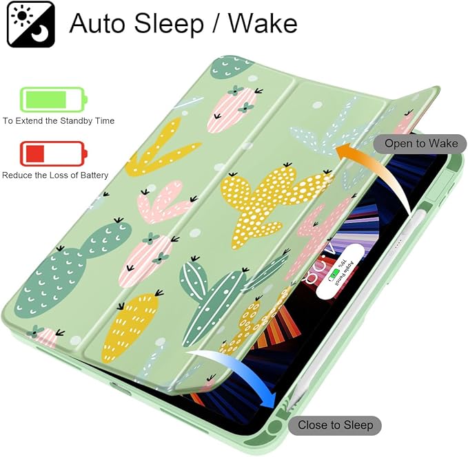 Case for iPad 11 inch A16 2025 Generation 11th / iPad 10.9 inch 2022 10th Gen Buit in Pencil Holder with Shockproof Cover Clear Transparent Back Shell Auto Wake/Sleep Cute Cacti-Green