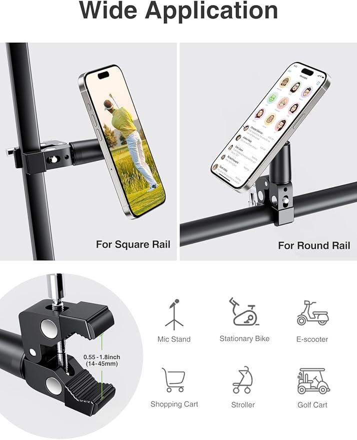elitehood Magnetic Phone Clamp Mount Adjustable Phone Holder for Mic Stand/Music Stand/Golf Cart/Treadmill/Stroller/Shopping Cart/Stationary Bike iPhone Clamp Mount for Magsafe iPhone 16 15 14