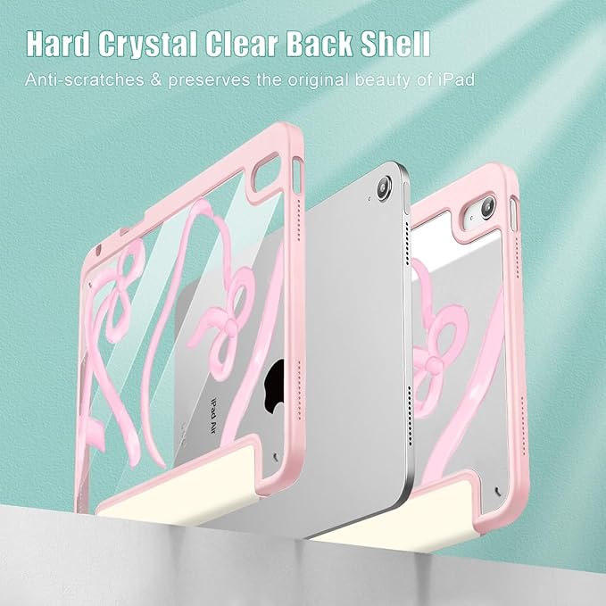 Case for iPad Air 11'' (M4 2026/M3 2025/M2 2024)/ iPad Air 10.9'' Air 5th /4th Gen Shockproof Cover with Clear Back Shell &amp Penceil Holder Auto Wake/Sleep Stand Cover Ribbon Bow Kitten