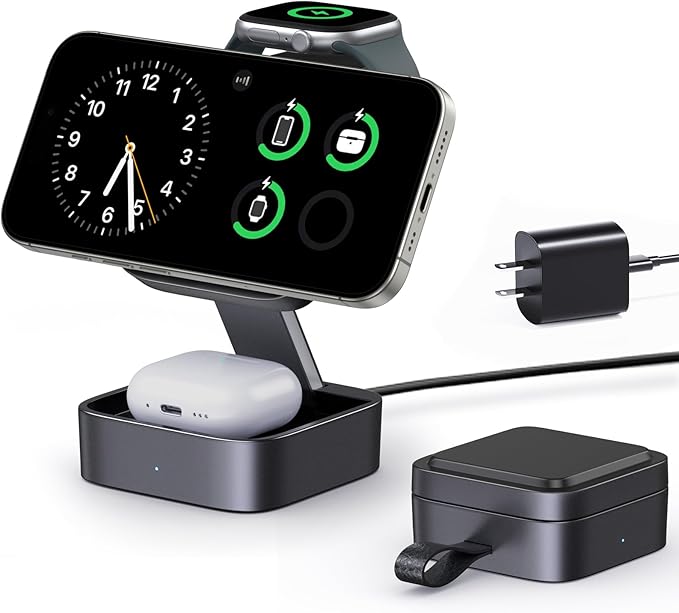 3 in 1 Wireless Charging Station for Apple Devices Magnetic Foldable Travel Fast Charger Stand Compatible with MagSafe for iPhone Air/17/16/15/14/13/12 Series Apple Watch &amp AirPods Pro/4/3/2-Bla