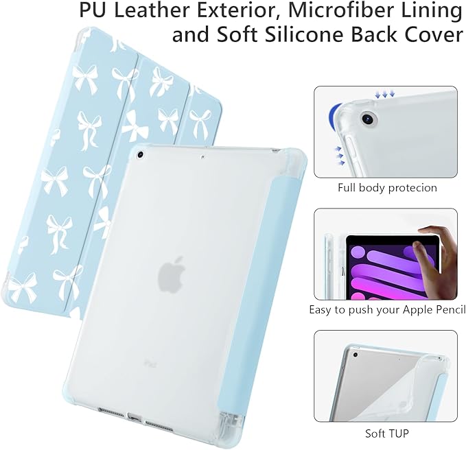 Cute Kawaii Bow for iPad mini 7 A17 Pro 2024/iPad Mini 6 Case with Pencil Holder Auto Sleep/Wake Blue Leather Soft TPU Back Cover