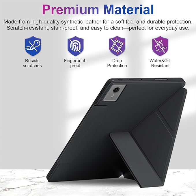 Case for Lenovo Idea Tab Plus 12.1 Inch – Multi-Angle Stand PU Leather Soft Cover with Hidden Pencil HolderSlim Lightweight Back Protective Folio Case ShockproofAnti-Scratch[Black]