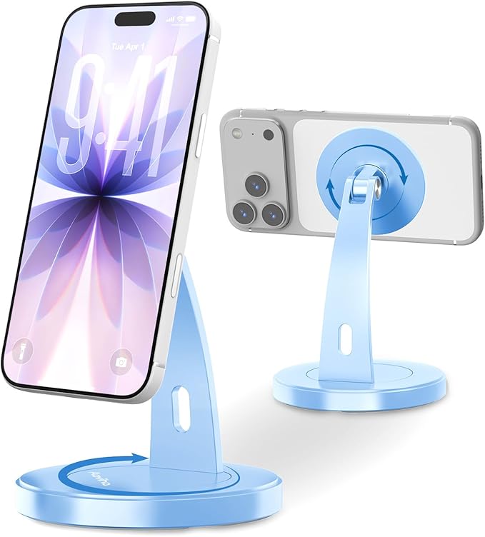 Magnetic Phone Stand for Desk – 360° Rotating Aluminum Phone Holder Stable Desk Stand for Office Home &amp Kitchen Compatible with iPhone 17 Pro Max 16–12 Series and MagSafe Cases Sky Blue
