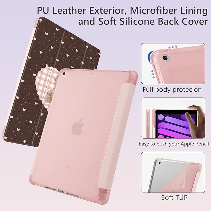 Cute Kawaii Bear Love Heart for iPad mini 7 A17 Pro 2024/iPad Mini 6 Case with Pencil Holder Auto Sleep/Wake Pink Leather Soft TPU Back Cover