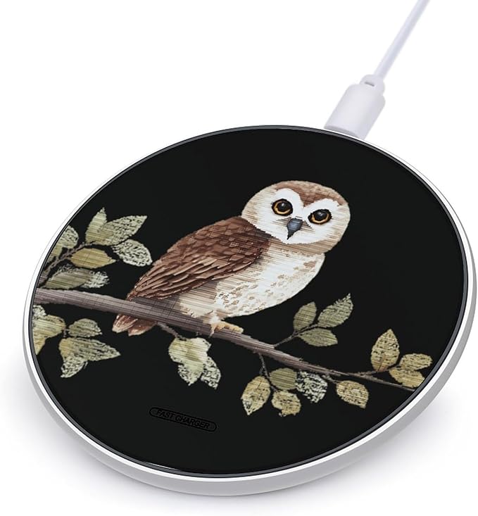 Owl Sitting on Tree Branch Fast Portable Charger 10W Funny Graphic Phone Charging Pad with USB Cable