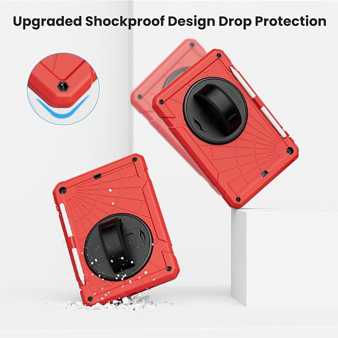 for iPad 9th Generation 2021/ iPad 8th Generation 2020/ iPad 7th Generation 2019 Case with Screen Protector Pencil Holder [360° Rotating Hand Strap] &amp Stand for iPad 10.2 inch (Red)
