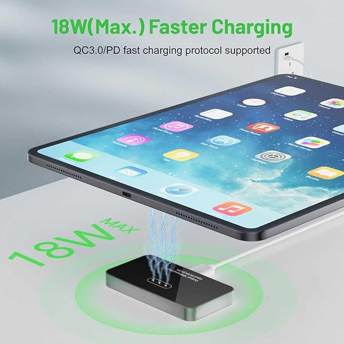 Magnetic Wireless Charger for iPad Pro 11 (1st/2nd/3rd/4th) &amp iPad Air 11 (M2/M3) &amp iPad Air 10.9 (4th/5th) 18W Fast Charging Smart Connector Alloy Wireless Charging Pad with USB-C Cord Cable