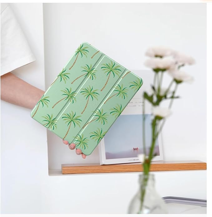Cute Palm Tree for iPad Air 11 Inch Case 7th/6th Generation (M3/M2) 2025/2024 with Pencil Holder Auto Sleep/Wake Green Leather Clear Acrylic Back Cover