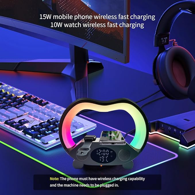 IHAO 6in1 Wireless Charging Station with Bluetooth Speaker Time&ampTemperature Display Alarm Clock 7-Color LED Night Lights Fast Charger for Phone Apple Watch Earbuds Remote Control Auto Shutoff-Bl