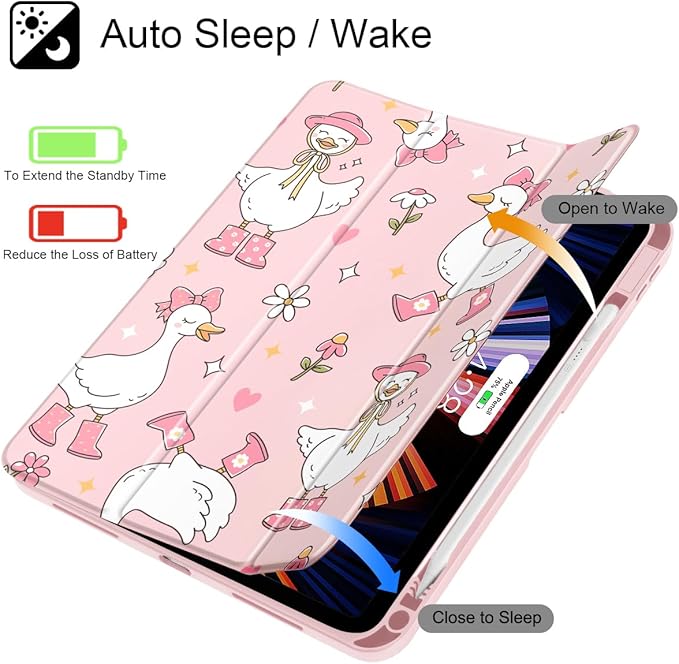 May Chen Case for iPad Air 13 Inch M4 2026 M3 2025 M2 2024 [Built-in Pencil Holder] Shockproof Cover with Clear Transparent Back Shell Auto Sleep/Wake Cover Cute Goose Spring